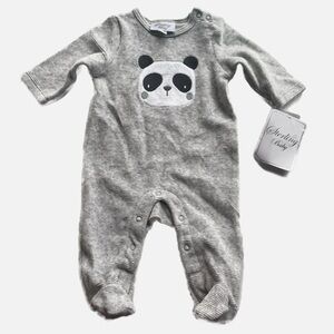 Swirling Baby New Ribbed velour Striped Gray Panda Footie
